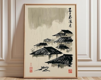 Japanese Rain Village Poster, Sumi Ink Rooftop Wall Art, Zen Print