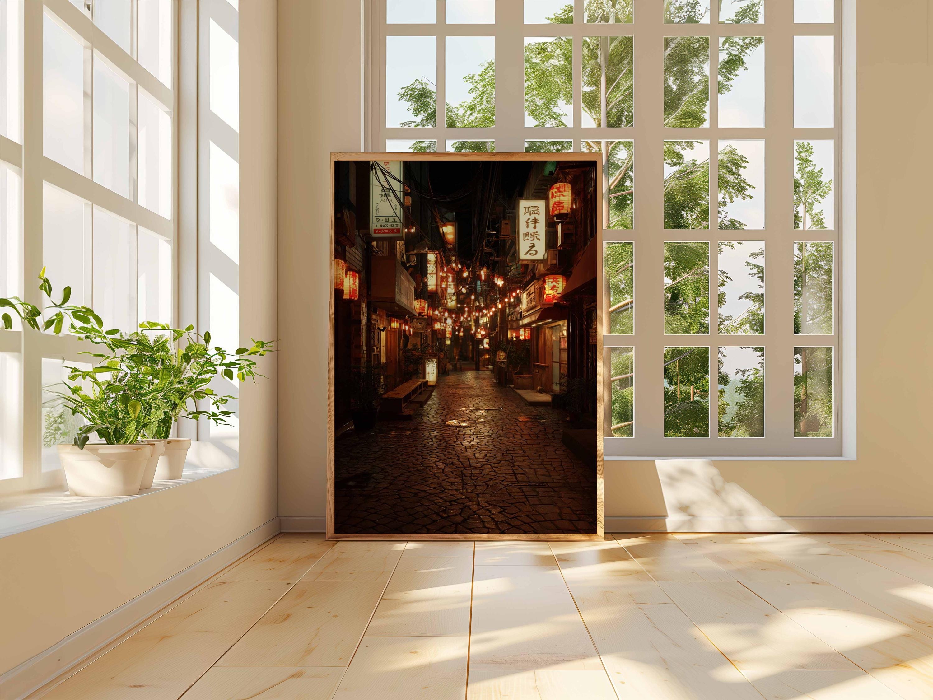 Tokyo Lantern Alley Poster, Japanese Night Street Wall Art, Urban