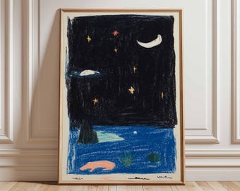 Night Sky Poster, Whimsical Moon and Stars Wall Art, Abstract Crayon Style Print, Playful Celestial Artwork, Dreamy Modern Decor