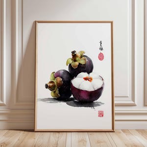 Affiche de mangoustan, impression d&#39;art mural fruits asiatiques, décoration de cuisine aquarelle, oeuvre de fruits tropicaux violets, illustration de cuisine minimaliste