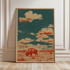 Vintage Bison Wall Art, Retro Western Poster, Desert Landscape Print, Rustic Wildlife Decor