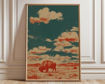 Vintage Bison Wall Art, Retro Western Poster, Desert Landscape Print, Rustic Wildlife Decor