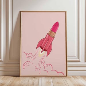 Lipstick Rocket Poster, Pink Beauty Wall Art, Bold Feminine Pop Art Print, Fun Makeup Room Decor, Quirky Retro Illustration
