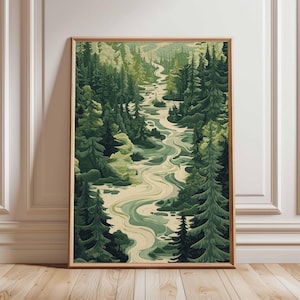 Póster de paisaje forestal, arte de río tranquilo, impresión de naturaleza verde, pintura de bosque escénico, arte mural de naturaleza salvaje, decoración de bosque exuberante