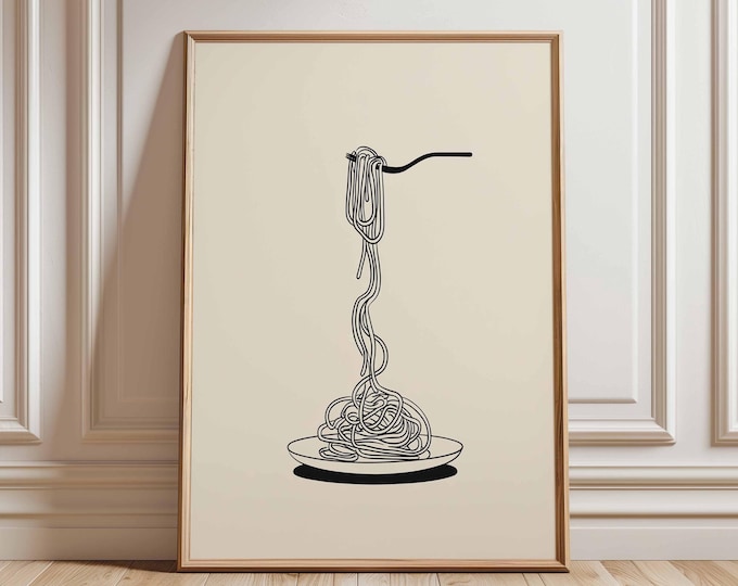 Minimalist Spaghetti Wall Art Print, Black Line Drawing Kitchen Poster, Italian Pasta Food Illustration, Modern Dining Room Decor Gift