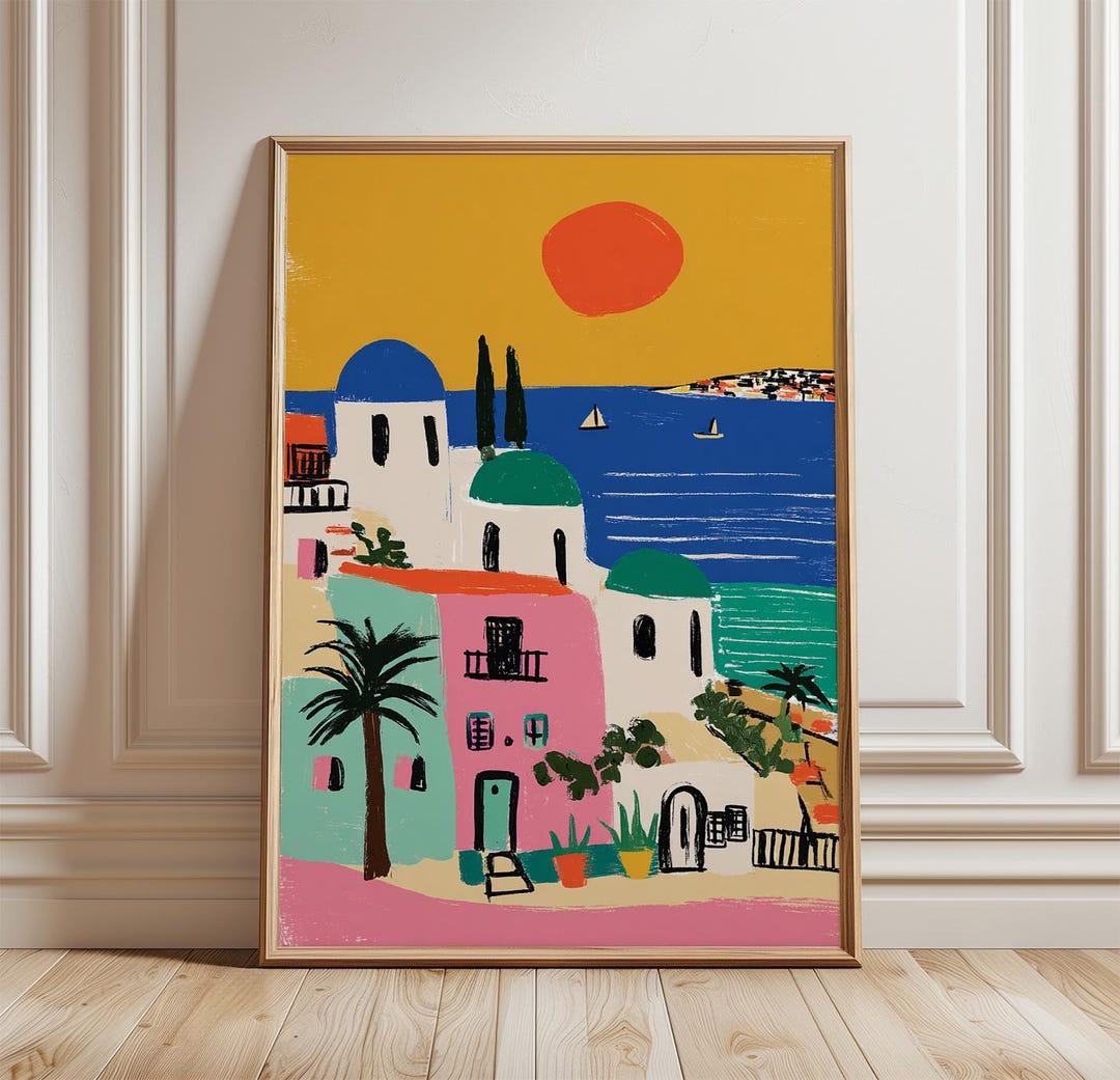 Mediterranean Coastal Village Poster | Santorini Style Wall Art ...