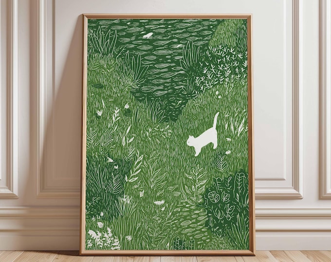 White Cat in Meadow Poster, Whimsical Animal Wall Art, Nature Grass Field Print, Playful Cat Illustration Decor