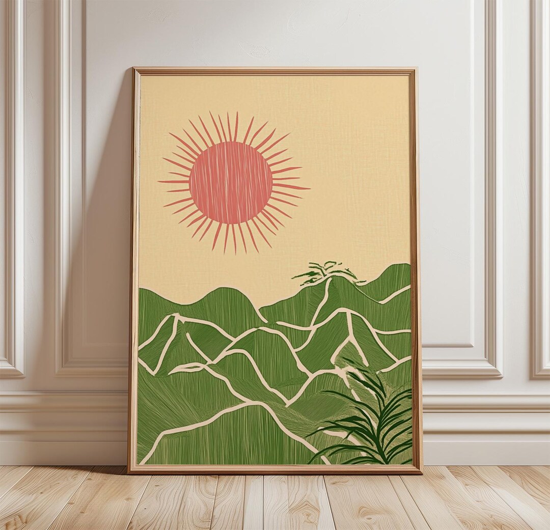 Minimal Mountain Poster | Asian Landscape Wall Art | Sun Over Hills ...