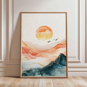 Poster zonsondergang berglandschap, aquarel bergen en zon, abstracte natuurkunst, rustig muurdecor, serene bergprint