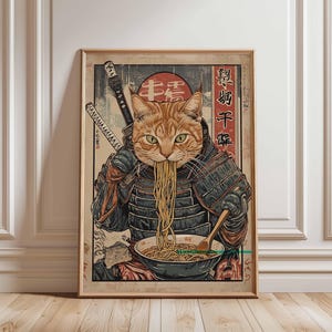 Samurai Cat Ramen Poster, Japanese Food Art, Cat Eating Noodles, Warrior Cat Print, Kawaii Cat Poster, Asian Wall Decor, Fun Kitchen Art