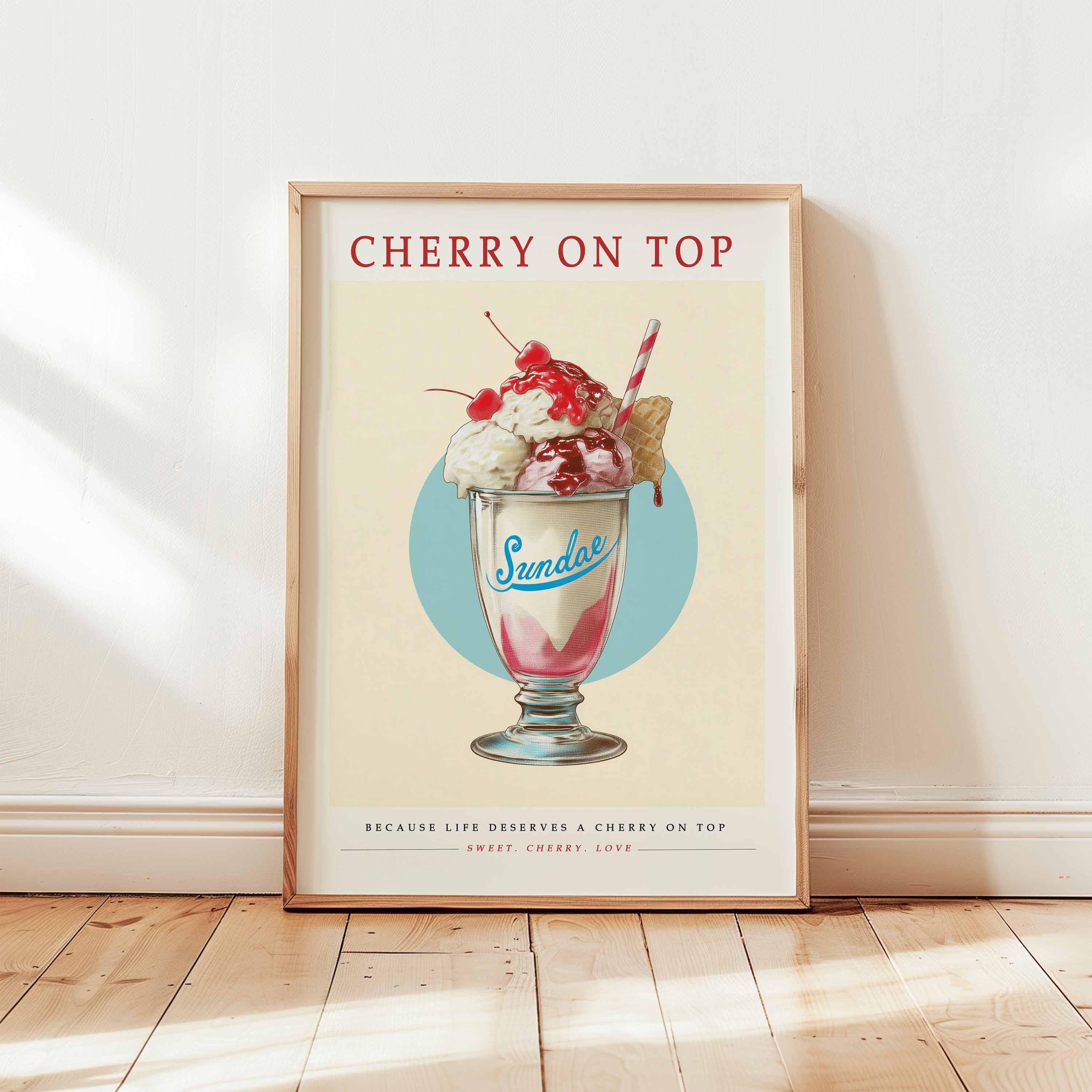 Ice Cream Sundae Poster, Retro Dessert Wall Art Print, Cherry on