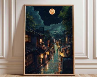 Tokyo Japan Oil Painting – Lantern Street Night Scene Wall Art