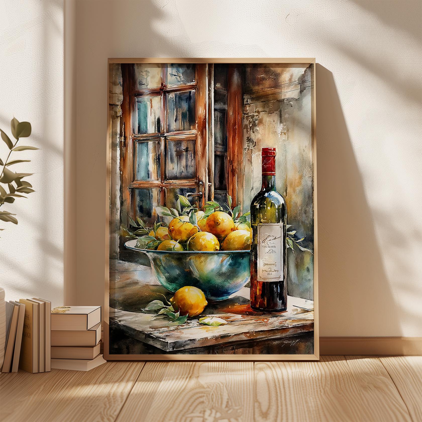 Kitchen Still Life Poster, Lemons and Wine Print, Rustic Window