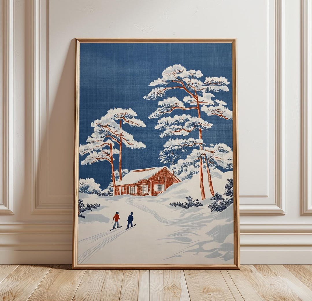 Snowy Mountain Cabin Poster Print | Vintage Winter Landscape Art | Ski ...