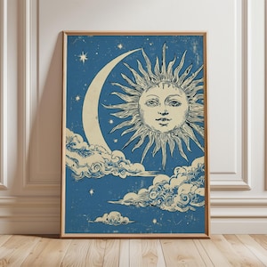 Celestial Sun Poster, Vintage Cosmic Illustration Print, Blue Sky Wall Art