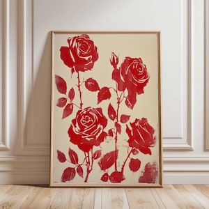 Red Rose Poster Art, Bold Floral Wall Decor, Vintage Red Rose Print, Minimalist Flower Art, Modern Flower Poster, Nature-Inspired Wall Art
