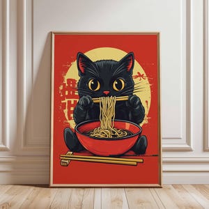 Black Cat Ramen Poster, Cute Noodle Art, Kawaii Cat Print, Japanese Food Poster, Cat Eating Ramen, Asian Wall Art, Fun Kitchen Decor