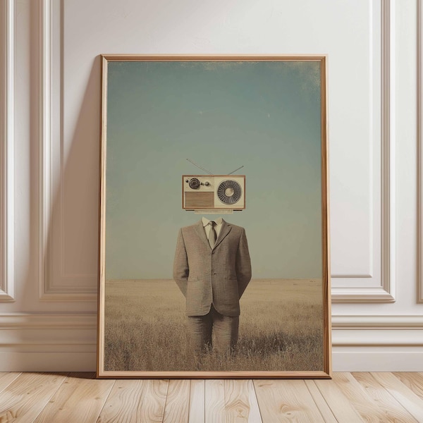 Surreal Radio Head Poster, Retro Surrealist Art Print, Vintage Style Weird Wall Decor, Conceptual Absurdism Art, Quirky Gift for Him