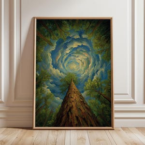 May include: A framed art print depicts a towering tree reaching towards a swirling sky. The artwork features a perspective looking up through the tree's trunk and branches, surrounded by green foliage and a blue sky with a spiral of clouds.