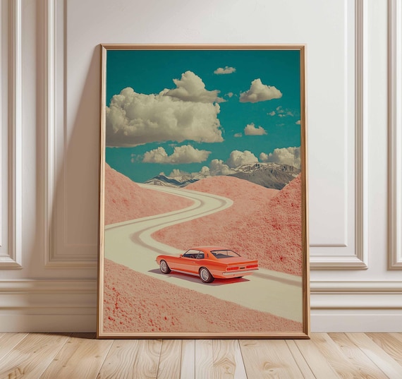 Retro Car Poster – Surreal Road Trip Wall Art Print, Vintage Muscle Car Artwork, Dreamy Landscape Poster, Classic Car Lover Gift