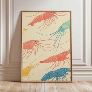 Shrimp Poster, Coastal Kitchen Wall Art, Nautical Seafood Print, Colorful Lobster Illustration, Ocean Marine Artwork, Beach House Decor