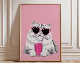 Cool Cat Wall Art Poster, Pink Drink Kitty Print, Heart Sunglasses