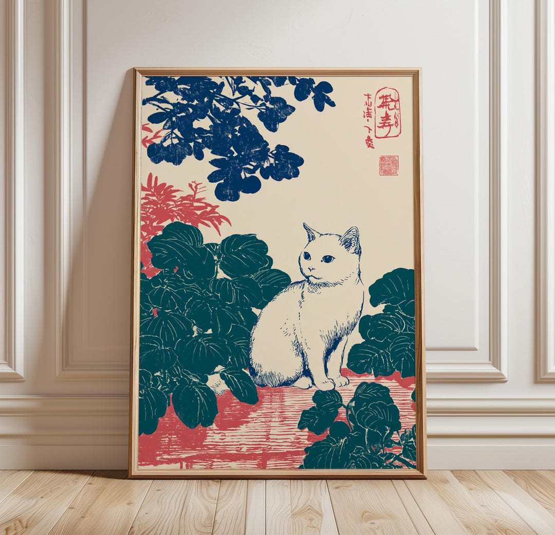 Japanese Cat Wall Art Poster Minimal Animal Nature Print Neutral Red ...