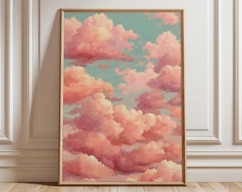 Pink Cloud Wall Art, dreamy sky poster, pastel cloudscape print, aesthetic digital painting, soft sunset decor, modern home artwork