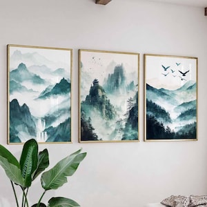 Chinesische Berglandschaft Poster Set, Traditionelle Kunst, Nebel Berge & Tempel Drucke, Natur Wandkunst, Gelassenes Dekor