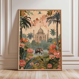 Könnte beinhalten: Gerahmter Kunstdruck mit dem Taj Mahal in Indien, umgeben von üppigem tropischen Laub, Blumen und Palmen. Ein Elefant geht im Wasser vor dem Taj Mahal. Der Himmel ist pfirsichfarben mit fliegenden Vögeln.