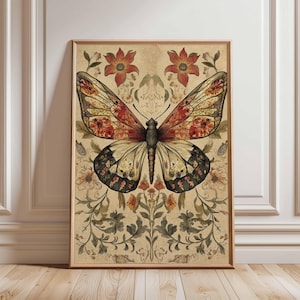 Vintage Butterfly and Floral Poster, Botanical Art Print, Nature Wall Decor, Retro Butterfly Artwork, Elegant Floral Home Decor