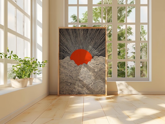Rising Sun Poster, Minimal Japanese Line Art Wall Print in Modern