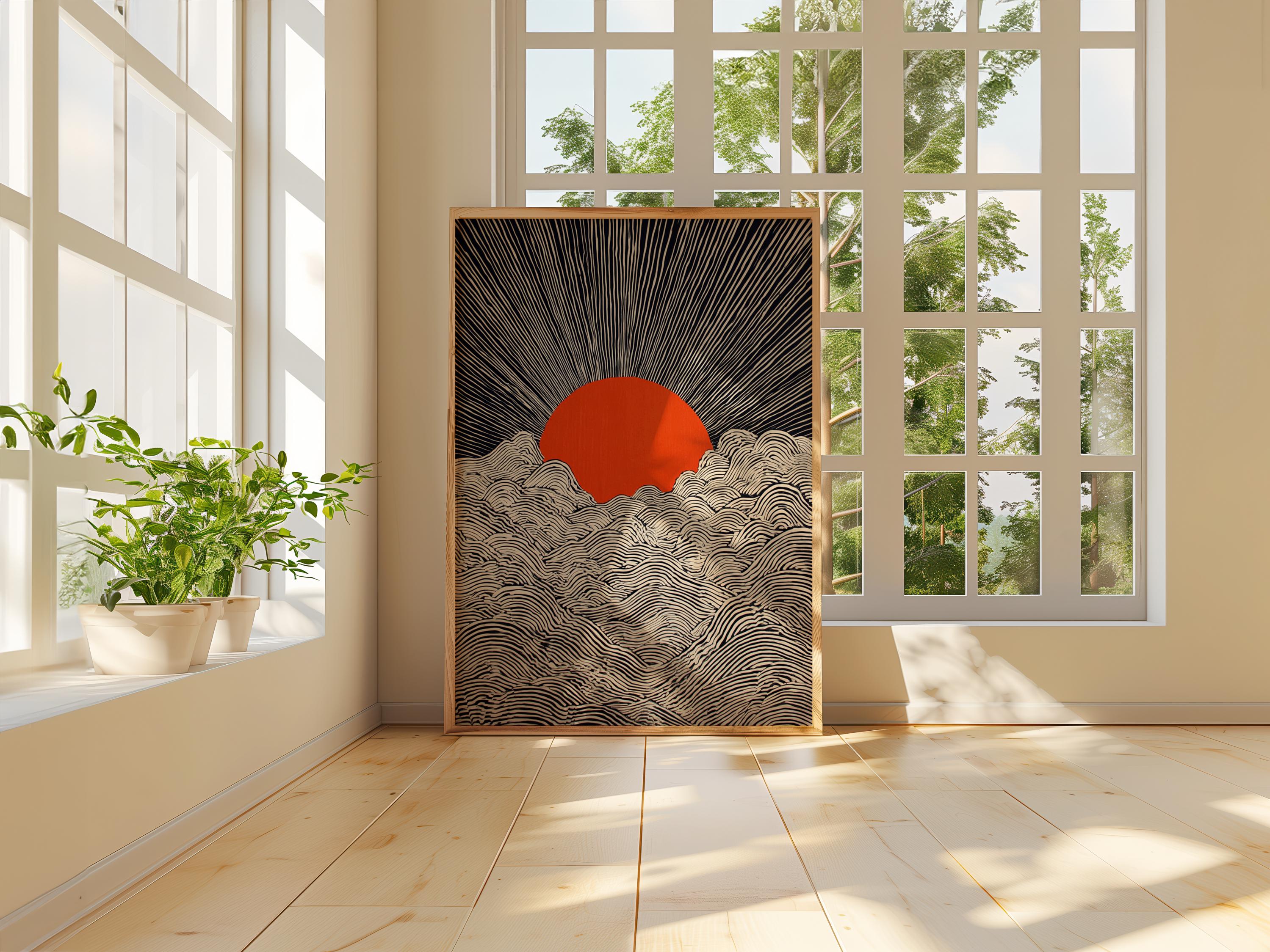 Rising Sun Poster, Minimal Japanese Line Art Wall Print in Modern