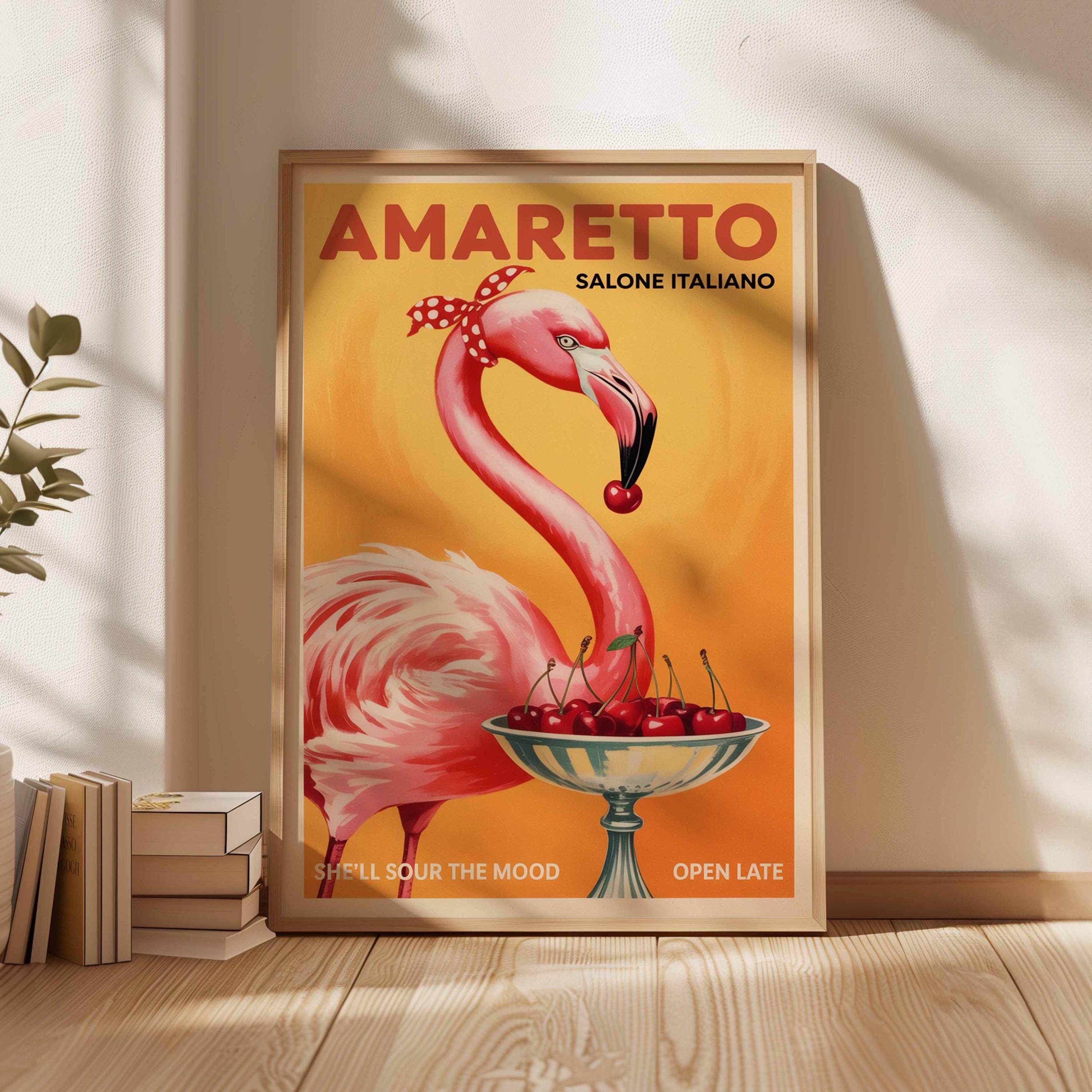 Amaretto Flamingo Poster, Vintage Italian Cocktail Art Print