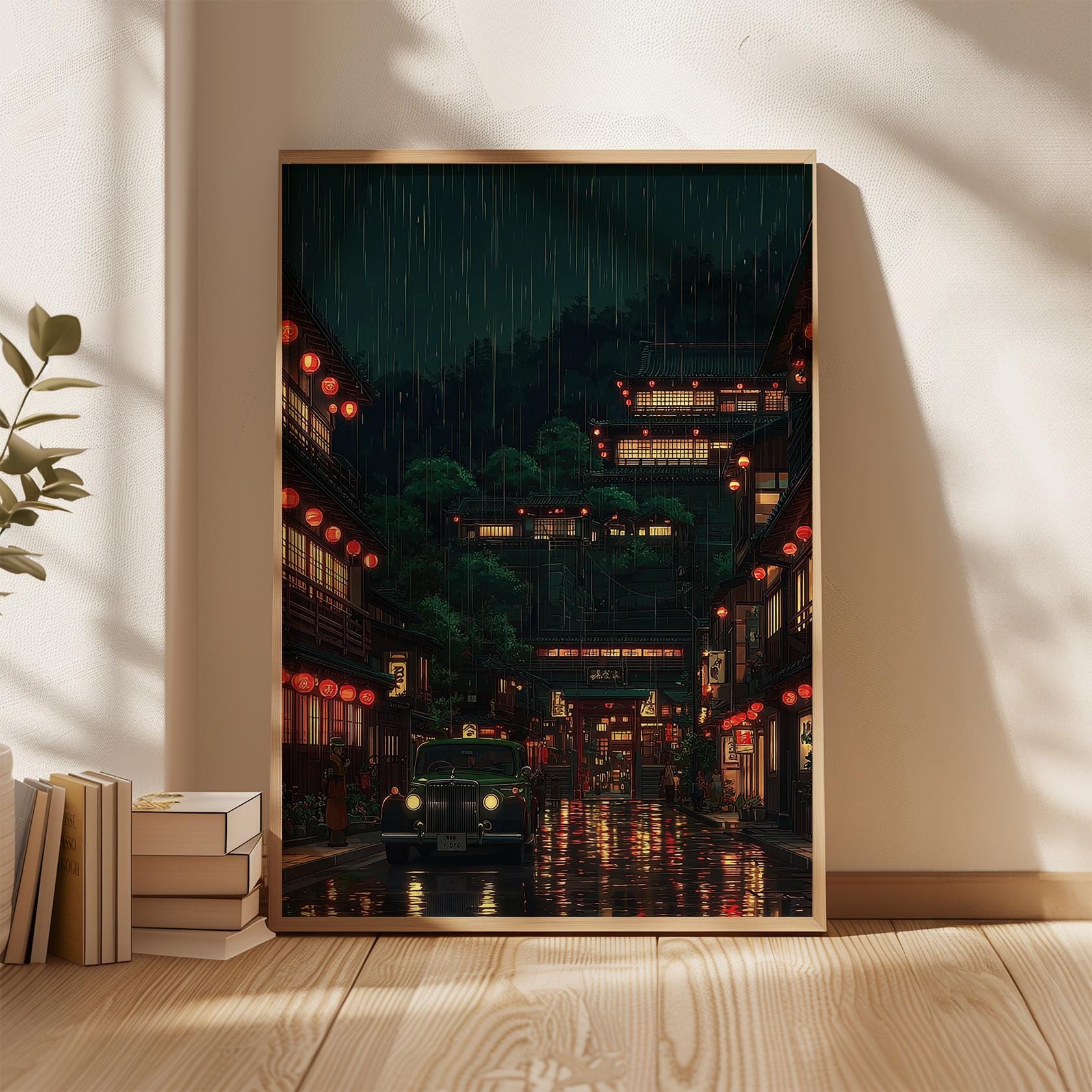 Tokyo Night Street Poster, Japanese Lantern City Rain Wall Art