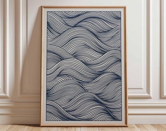 Minimalist Wave Line Art Poster – Navy Blue Abstract Ocean Print, Modern Coastal Wall Art, Japanese Inspired Sea Artwork for Home Decor