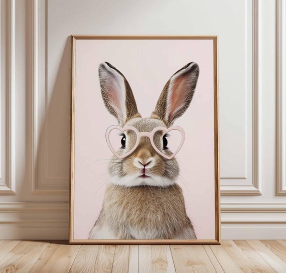 Cute Bunny Poster with Heart Glasses, Pink Nursery Animal Wall Art, Funny Rabbit Print for Girls Room, Whimsical Kids Decor