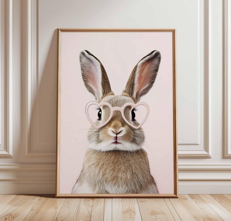 K&ouml;nnte beinhalten: Gerahmter Druck mit einem Kaninchen, das eine rosa herzf&ouml;rmige Brille tr&auml;gt. Das Kaninchen hat braunes und hellbraunes Fell, lange Ohren und ist vor einem zartrosa Hintergrund platziert. Der Rahmen ist hellbraun.