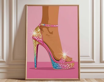 Glam High Heel Wall Art Print, Sparkly Rainbow Stiletto Poster, Fashion Illustration, Pink Shoe Art, Modern Pop Art Decor for Women