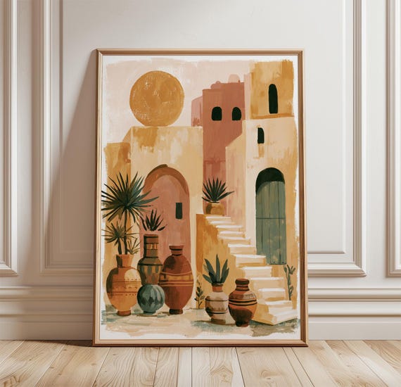 Boho Desert Courtyard Poster, Mediterranean Wall Art, Terracotta Decor