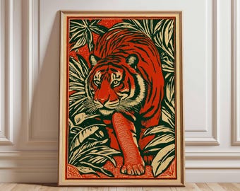 Tiger Jungle Wall Art, Red Tiger Posters, Bold Linocut Animal Prints, Jungle Safari Decor, Vintage Graphic Tiger Print