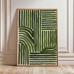 Impressão de arte abstrata verde – pôster geométrico minimalista moderno, decoração de parede contemporânea, arte inspirada em meados do século