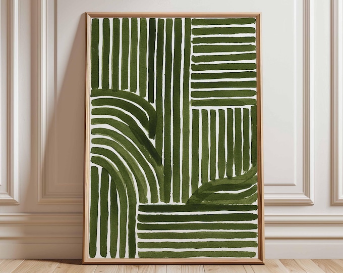 Green Abstract Line Art Print – Modern Minimalist Geometric Poster, Contemporary Wall Decor, Mid Century Inspired Artwork