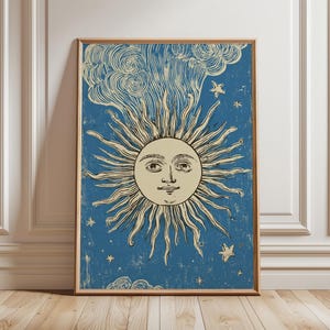 Celestial Sun Poster, Vintage Cosmic Illustration Print, Blue Sky Wall Art