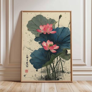 Lotus Flower Poster, Asian Wall Art, Japanese Watercolor Print, Botanical Home Decor, Oriental Floral Artwork, Zen Nature Painting