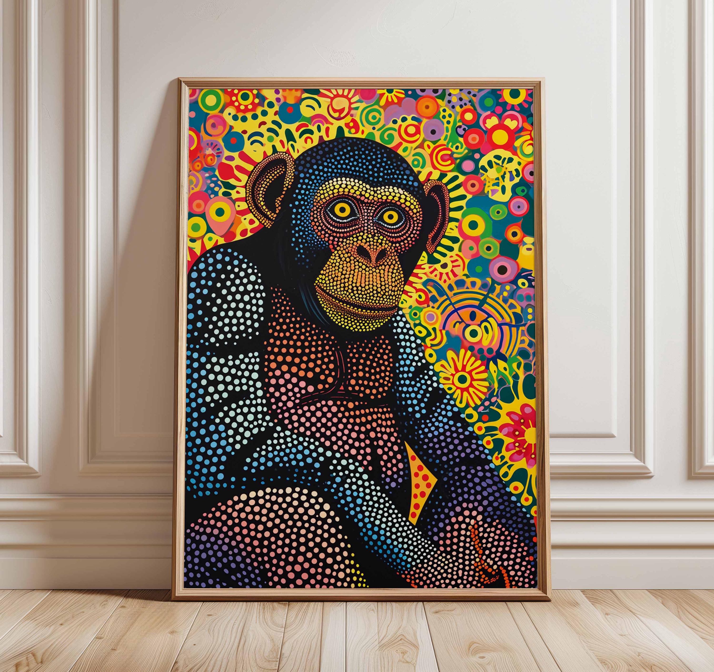 Colorful Psychedelic Chimpanzee Wall Art Print, Abstract Dot