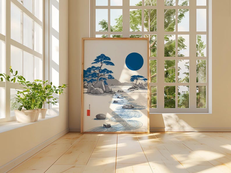 Zen Rock Garden Poster, Japanese Minimalist Landscape Wall Art Print ...