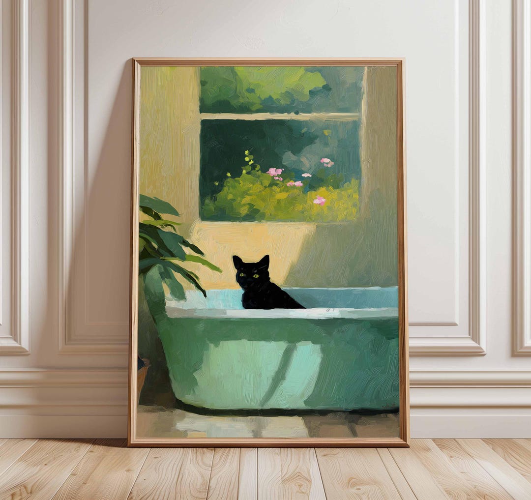 Black Cat Wall Art Print Vintage Style Cat in Bathtub Poster Aesthetic ...