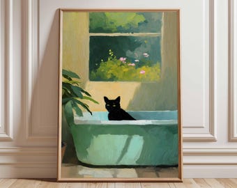 Impresión artística de pared de gato negro, estilo vintage, póster de gato en la bañera, decoración estética para el hogar, pintura al óleo, regalo para amantes de los gatos, obra de arte animal sin marco