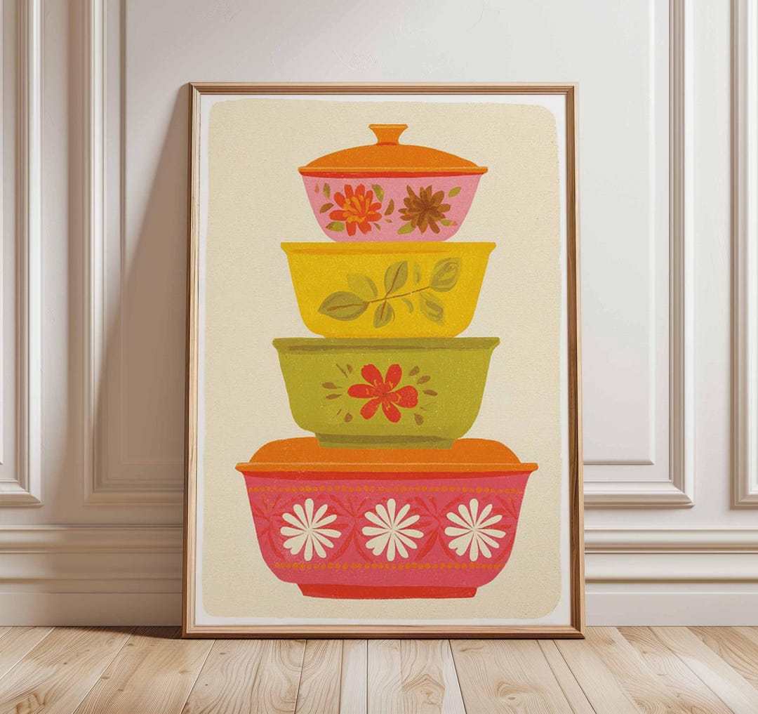 Retro Pyrex Poster, Mid Century Kitchen Wall Art, Vintage Bowl Stack ...